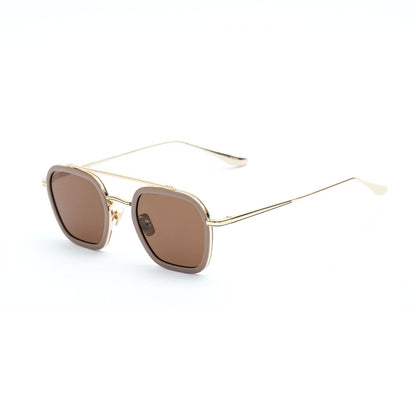 Belstaff Gold Titanium Sunglasses with brown lenses, handcrafted in Japan with high-grade materials, featuring premium UV protection.