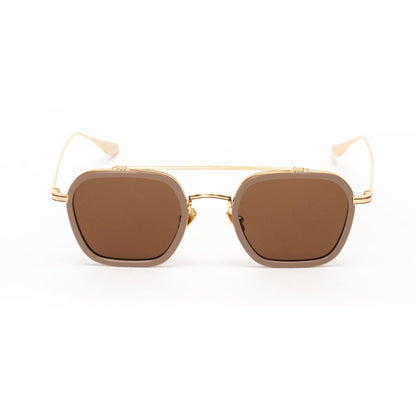 Belstaff Gold Titanium Sunglasses for women with brown lenses, handmade in Japan, featuring high-grade acetate and beta titanium.
