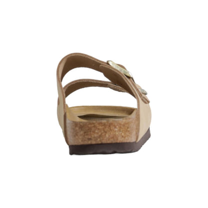 Rear view of Birkenstock Beige Nubuc Leather Slippers showing cork and latex footbed with adjustable straps.