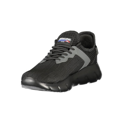 Blauer Black Polyester Men Sneaker with bold print and contrasting details, showcasing the Blauer logo, design in polyester and polyethylene.