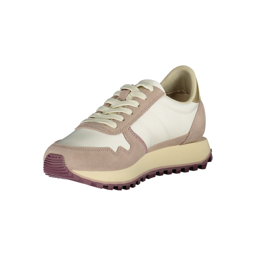 Blauer White Polyester Women Sneaker with bold purple and gold details, featuring customizable laces and a removable insole for comfort.