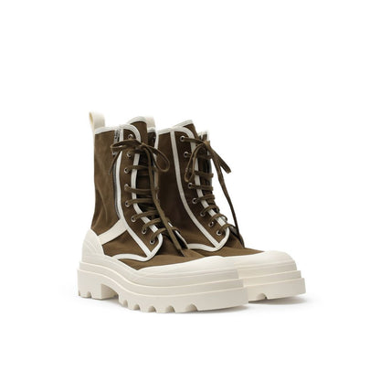 Bottega Veneta Green Cotton Lace-Up Boots with maxi white rubber outsole and side zip, khaki and white canvas design.