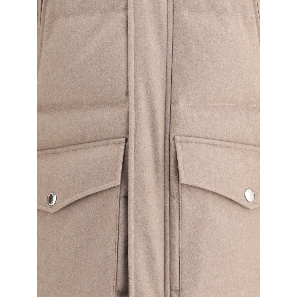 Brunello Cucinelli Beige Cashmere Coat with front flap pockets and snap-button details, showcasing refined elegance and functionality.