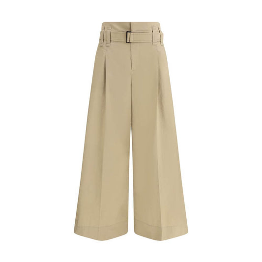 Brunello Cucinelli Beige Cotton Cropped Pants with pleated design and draw belt for elegance and comfort.