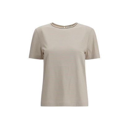 Brunello Cucinelli Beige Cotton T-Shirt with stripes, crew neck, and buttoned drop opening, 100% cotton, AW25 season, regular fit.
