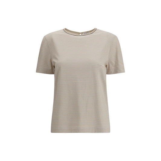 Brunello Cucinelli Beige Cotton T-Shirt with striped design, crew neck, buttoned drop at back, 100% cotton, AW25 season.