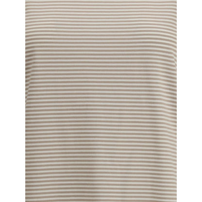 Brunello Cucinelli Beige Cotton T-Shirt with stripes, featuring a crew neck and buttoned drop opening for an elegant and refined look.