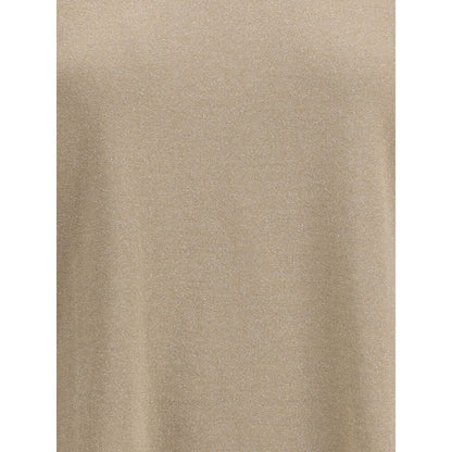 Brunello Cucinelli Beige Nylon T-Shirt with cashmere blend, featuring a ribbed crew neck and glitter effect for luxury style.