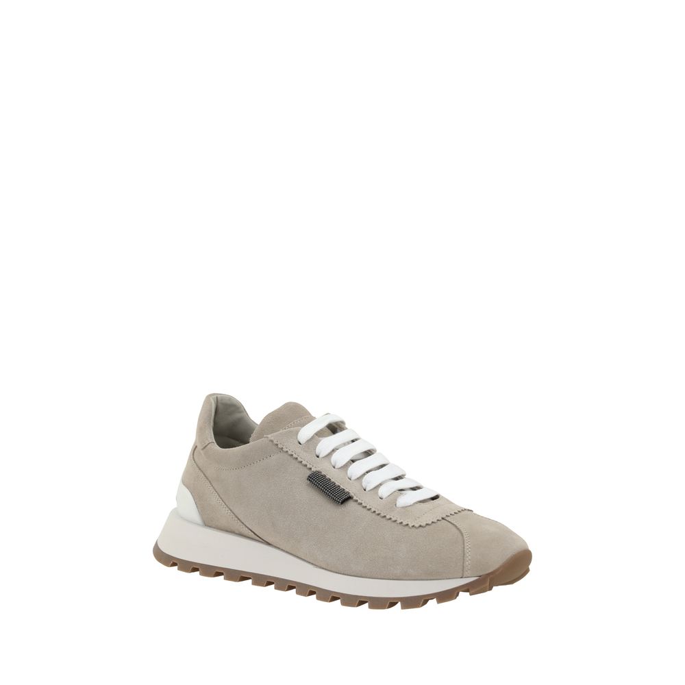 Brunello Cucinelli Beige Rubber Platform Sneakers with suede design and front lace-up closure for elegance and comfort.