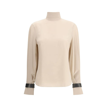Brunello Cucinelli Beige Silk Blouse with turtleneck and jewel decoration, feminine and refined design for elegant looks.