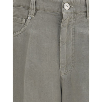 Close-up of Brunello Cucinelli Bicolor Cotton Relaxed Fit Jeans showing button closure and pocket detailing.