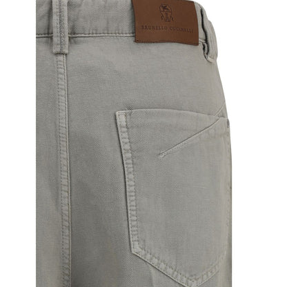 Brunello Cucinelli Bicolor Cotton Relaxed Fit Jeans with leather logo patch, detailed pocket design, and stylish wide-leg cut.