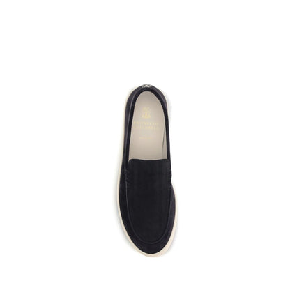 Top view of Brunello Cucinelli Black Calf Leather Bos Taurus Sneakers, showcasing the slip-on style and logo-embossed insole.