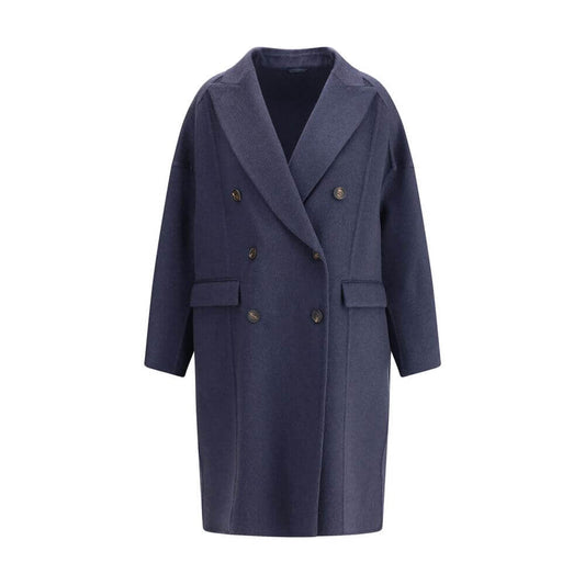 Brunello Cucinelli Blue Cashmere Coat with peaked lapel and double-breasted closure, elegant and versatile mid-length design for AW25 season.