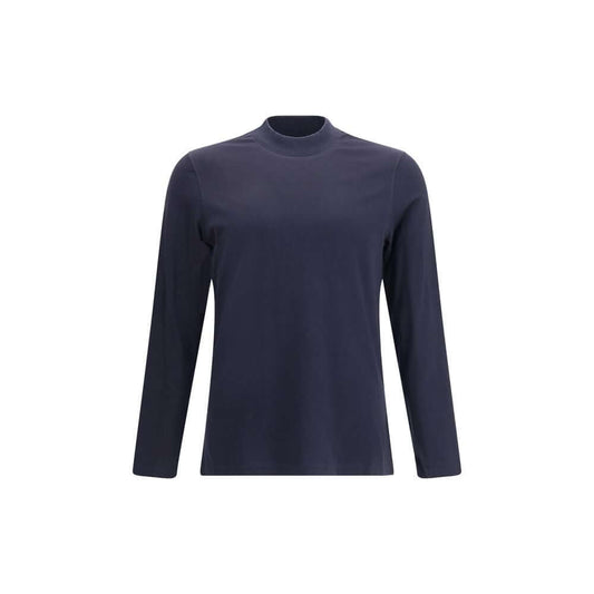 Brunello Cucinelli Blue Cotton Long Sleeve T-Shirt with ribbed crew neck and monochrome design, perfect for a refined casual look.