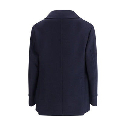 Back view of Brunello Cucinelli Blue Wool Coat showcasing flannel fabric and classic design features.