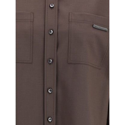 Close-up of Brunello Cucinelli Brown Fleece Wool Shirt with buttons and embellished patch pockets featuring shiny jewels.