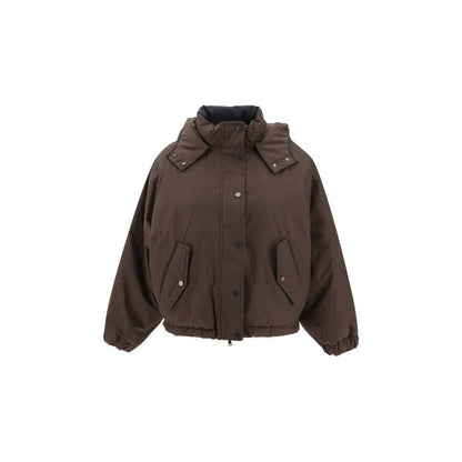 Brunello Cucinelli Brown Polyester Coat with removable hood, featuring front zipper, button closure, and side welt pockets for versatile style.