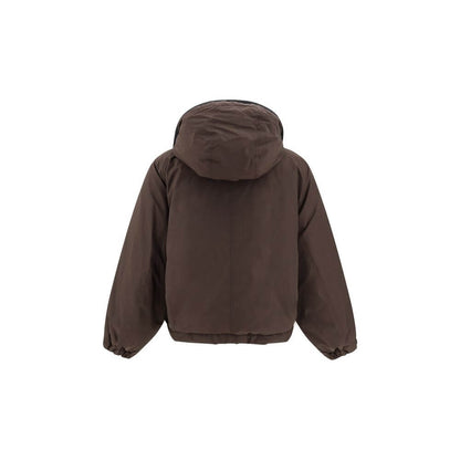 Brunello Cucinelli Brown Polyester Coat with removable hood, elastic cuffs, and padded down design for warmth and style.