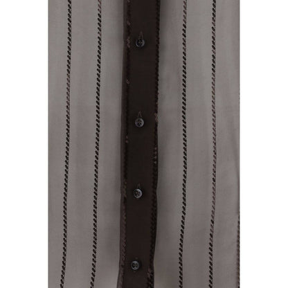 Close-up of Brunello Cucinelli Brown Silk Blouse with sequin embellishments and button closure, showcasing elegant and sophisticated design.