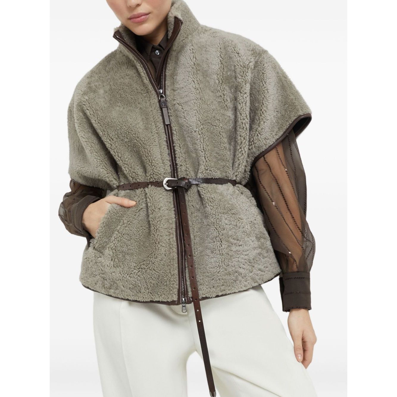 Brunello Cucinelli Curly Shearling Short Sleeve Outerwear with Shiny Zipper Pull