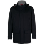 Brunello Cucinelli Detachable hood padded coat in midnight blue cashmere with stand-up collar and belted cuffs, front view.