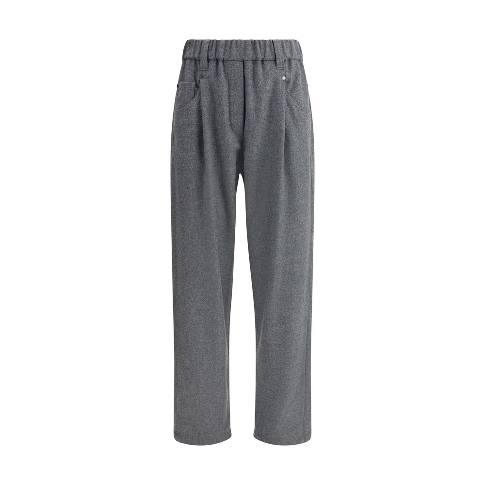 Brunello Cucinelli Gray Fleece Wool Casual Pants with elastic waistband and classic five-pocket design for sophisticated style.