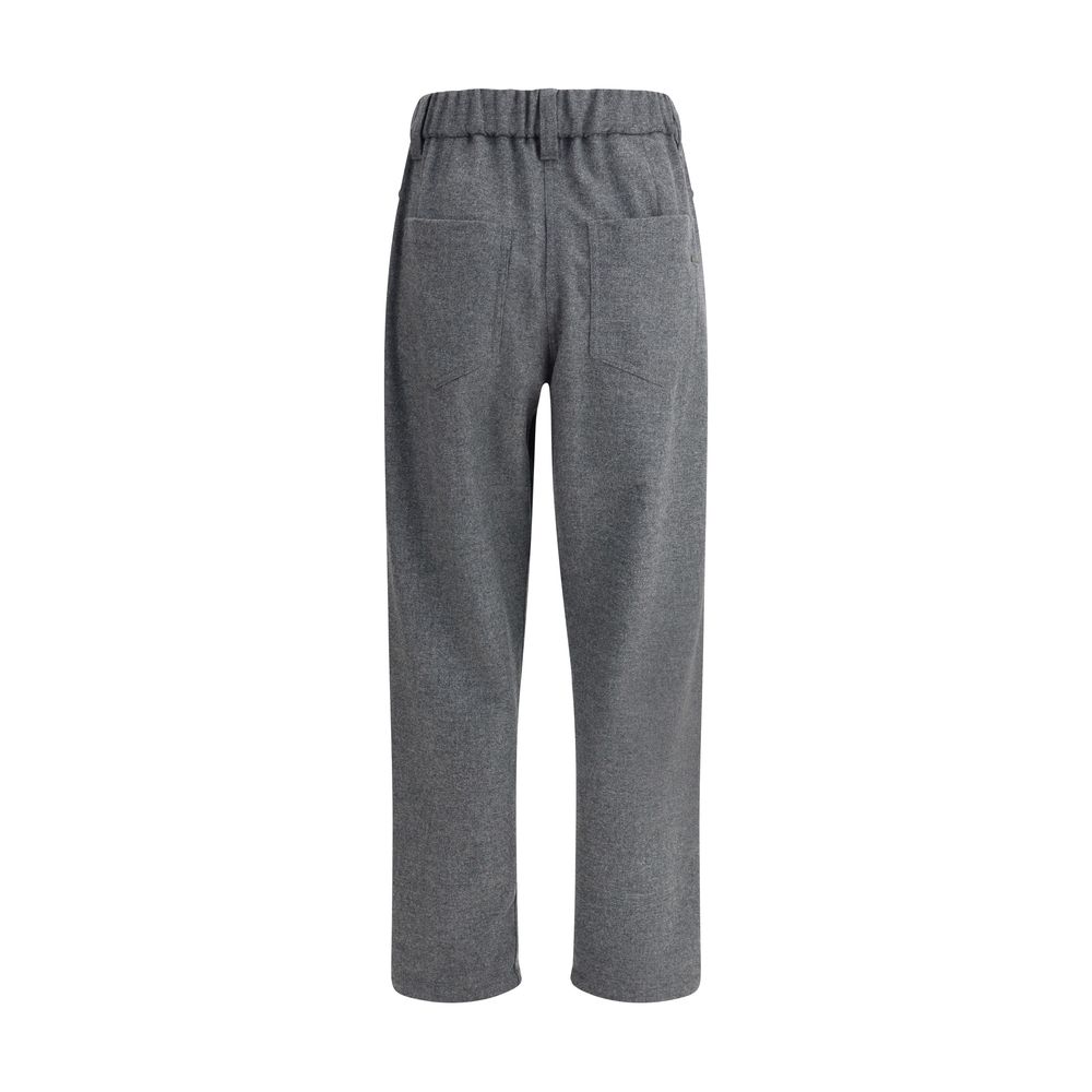 Brunello Cucinelli Gray Fleece Wool Casual Pants with elastic waistband and five-pocket design, offering style and comfort.