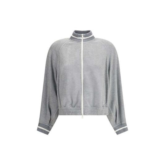 Brunello Cucinelli Gray Viscose Sweatshirt with ribbed collar, cuffs, and hem, featuring a front zipper closure and two side welt pockets.