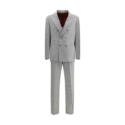 Brunello Cucinelli Gray Wool Two-Piece Suit with peaked lapels and six-button closure, showcasing refined craftsmanship and elegance.