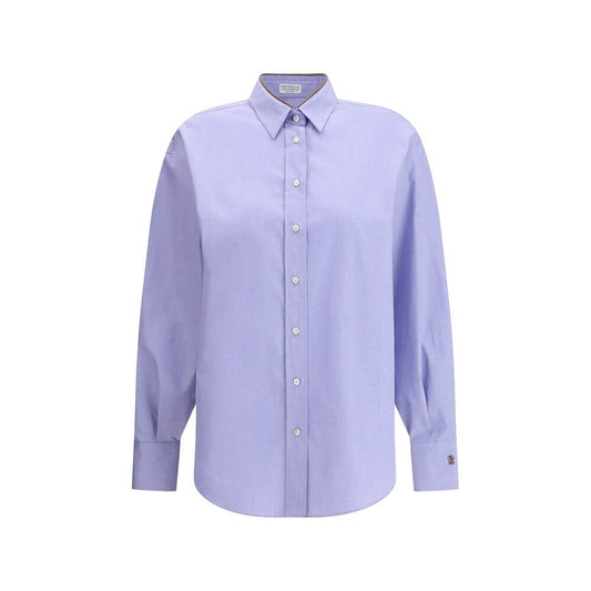 Brunello Cucinelli Light Blue Cotton Dress Shirt with classic collar, front button closure, and asymmetrical hem. AW25 collection.