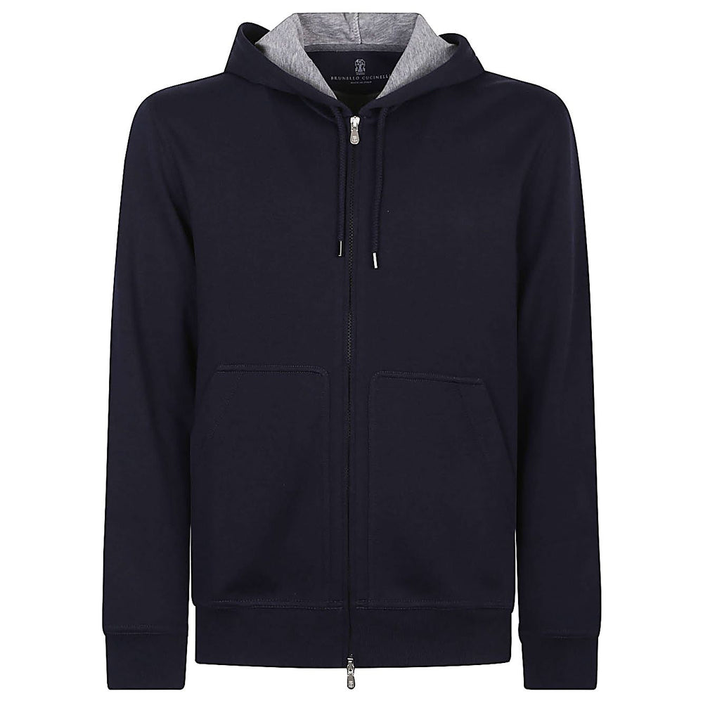 Brunello Cucinelli Sweaters Blue cotton blend hoodie with drawstring, zip, and pockets. Fashionable cobalt blue and grey design.