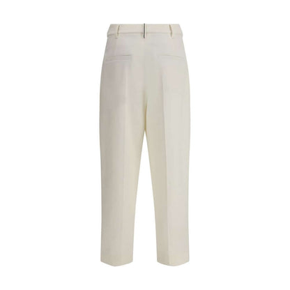 Brunello Cucinelli White Cotton Chino Pants with cropped ankle length and straight leg, featuring front pleats for a modern look.