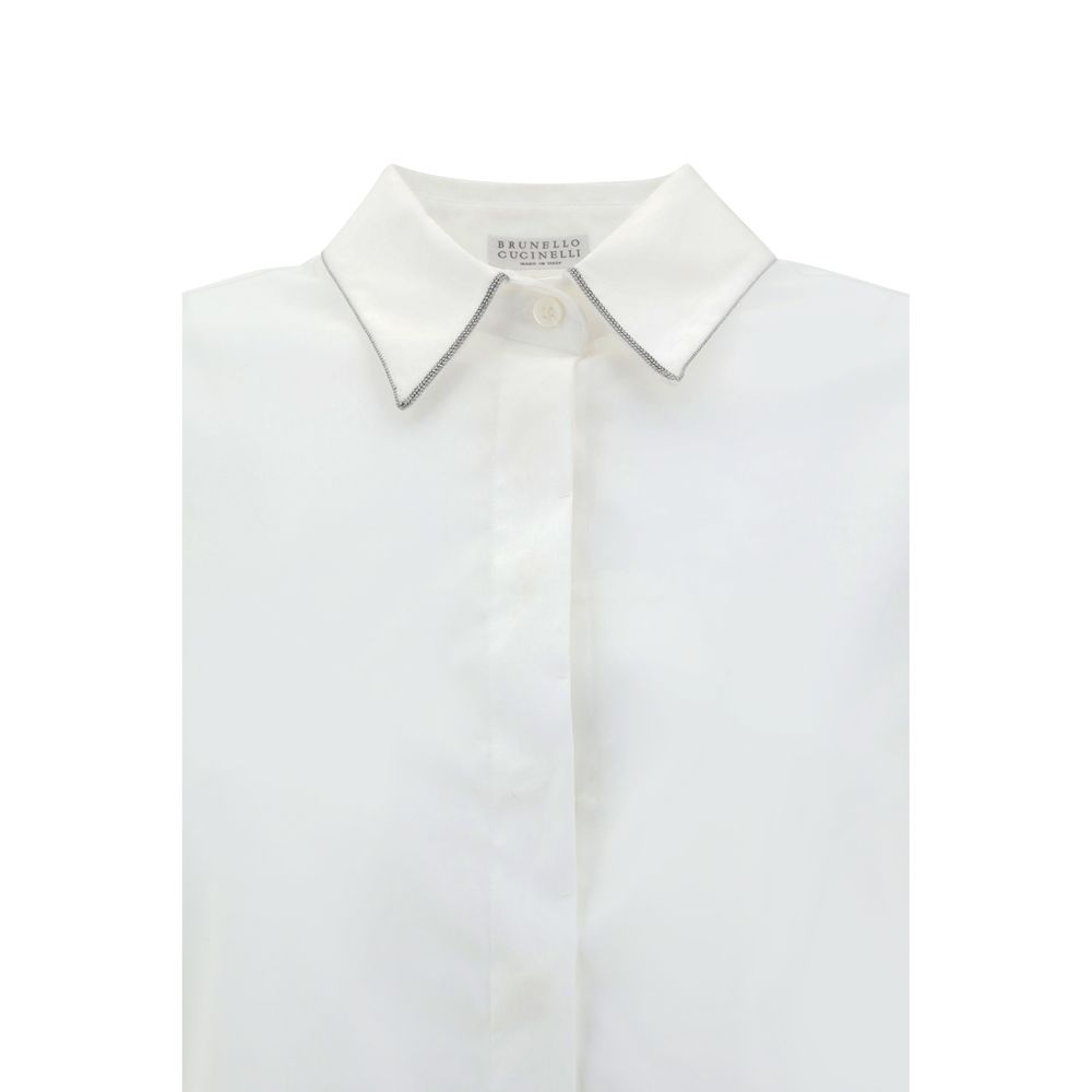 Brunello Cucinelli White Cotton Dress Shirt with classic collar and jewel embellishments.