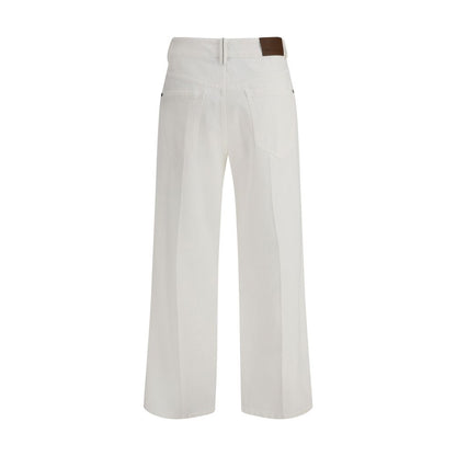 Back view of Brunello Cucinelli White Cotton Straight-Leg Jeans showcasing leather patch and classic style.