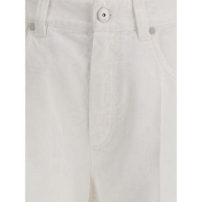 Close-up of Brunello Cucinelli White Cotton Straight-Leg Jeans showing front button and pocket detail.