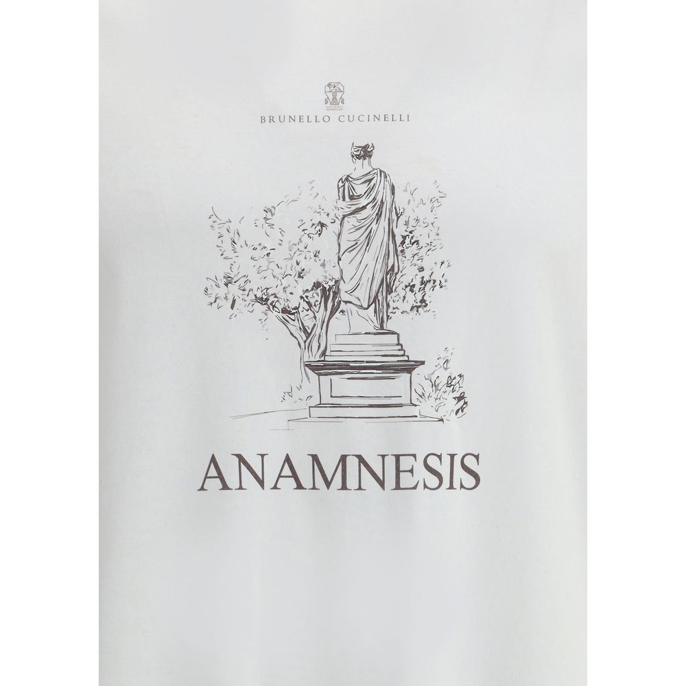 Brunello Cucinelli White Cotton T-Shirt with maxi print and iconic monogram, featuring "Anamnesis" text, offering comfort and style.