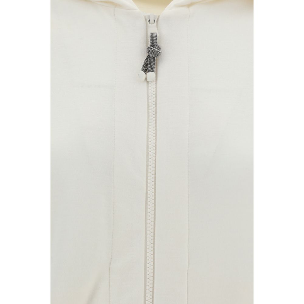 Brunello Cucinelli White Silk Sweatshirt with zipper closure and jewel embellishments, showcasing elegant and versatile design