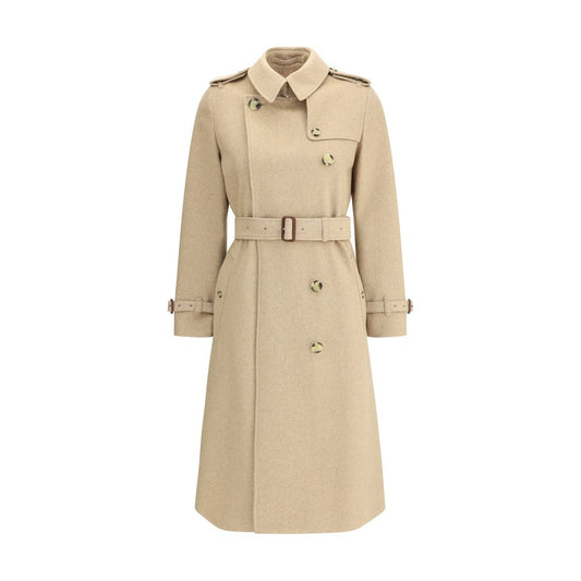 Burberry Beige Cashmere Coat featuring double-breasted design, structured epaulettes, and waist cinching belt for elegant style.