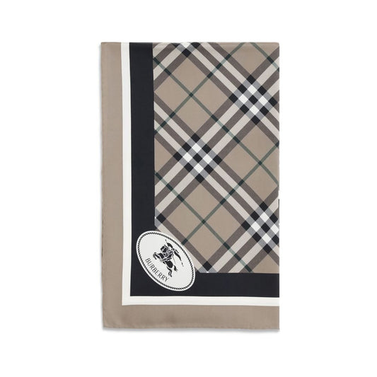 Burberry Beige Silk Scarf with Archive Check and Equestrian Knight logo, elegant British accessory, 100% fine silk, AW25 collection.