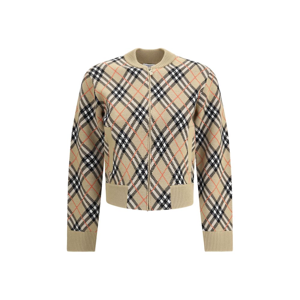 Burberry Beige Wool Cardigan with check pattern, front zipper, and ribbed cuffs. Ideal for casual or everyday wear with stylish design.