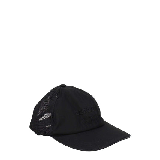 Burberry Black Cotton Cap (Baseball Hat) with front logo and button closure, designed in black cotton for street style fashion.