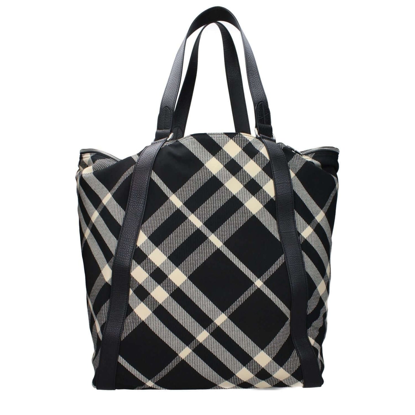 Burberry Black Fabric Shoulder Bag with check print, maxi size, silver details, and adjustable handle, MPN 8086476.