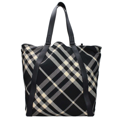 Burberry Black Fabric Shoulder Bag with check print, silver accents, and dual handles. Maxi size with 1 internal and 2 external pockets.
