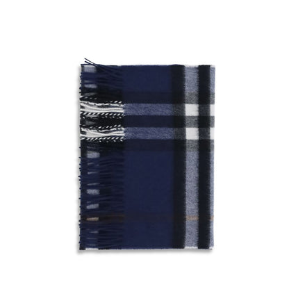 Burberry Blue Cashmere Scarf with iconic Check pattern, fringed edges, and logo label. Timeless elegance for AW25, 100% cashmere, 168×168 cm.