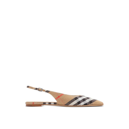 Burberry Brown Fabric Ballet Flats with pointed toe, adjustable strap, and equestrian design, featuring a branded quilted leather insole.