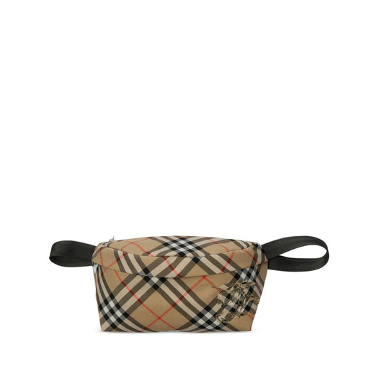 Burberry Vintage check belt bag with archival beige, equestrian knight motif, adjustable waist strap, and front zip closure.