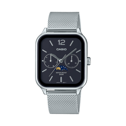 CASIO COLLECTION Mod. MOONPHASES - BLACK MESH wristwatch with quartz movement, stainless steel case, and mesh strap, 5 ATM water resistance.