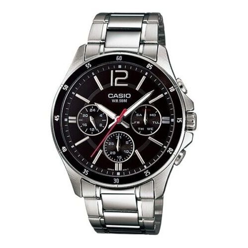 CASIO COLLECTION Mod. MULTIFUNCTION CALENDAR - BLACK wristwatch with stainless steel case and bracelet, 5 ATM water resistance, quartz movement.