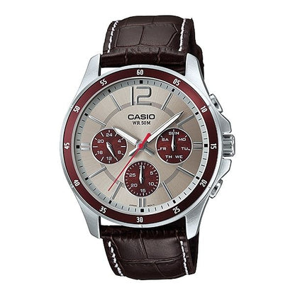 CASIO COLLECTION Mod. MULTIFUNCTION CALENDAR. LEATHER - TWO TONES wristwatch with brown leather strap and multifunctional dial.